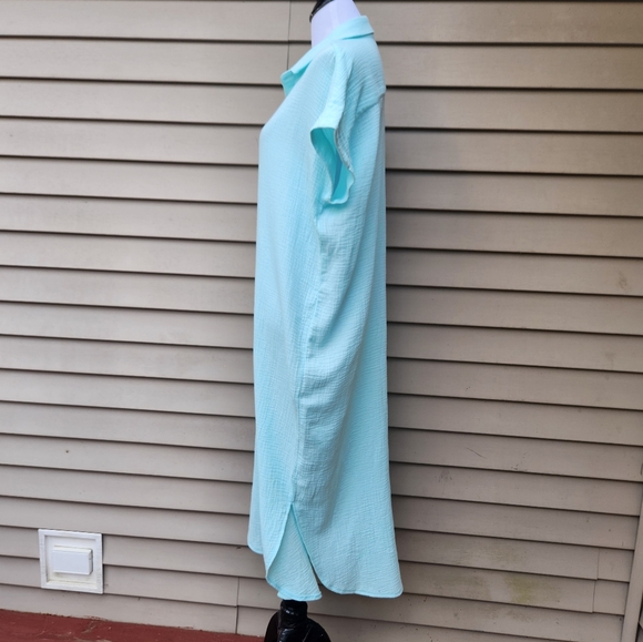 Mint Green Long Dress Muslin Style Button-Up Dolman Short Sleeves - Picture 7 of 12